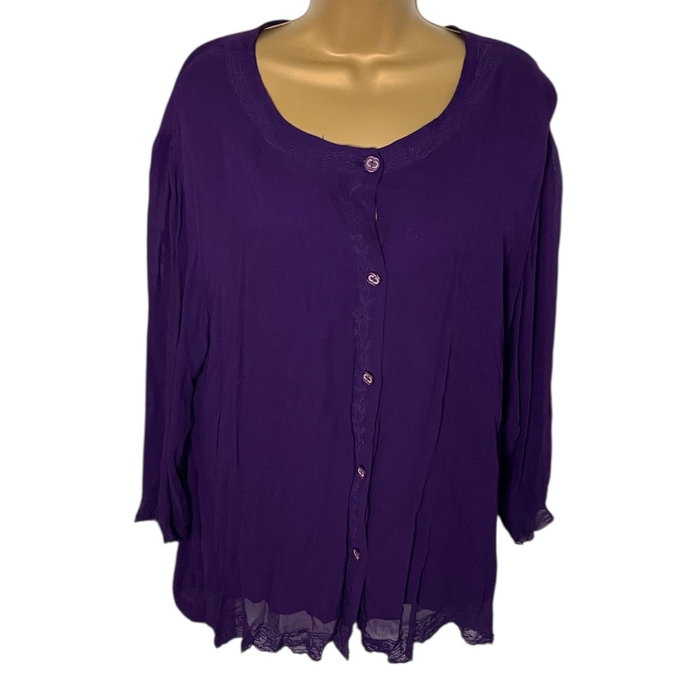 Vintage Y2K Maggie Barnes Boho Button Front Top Embroidered Trim Purple 2X